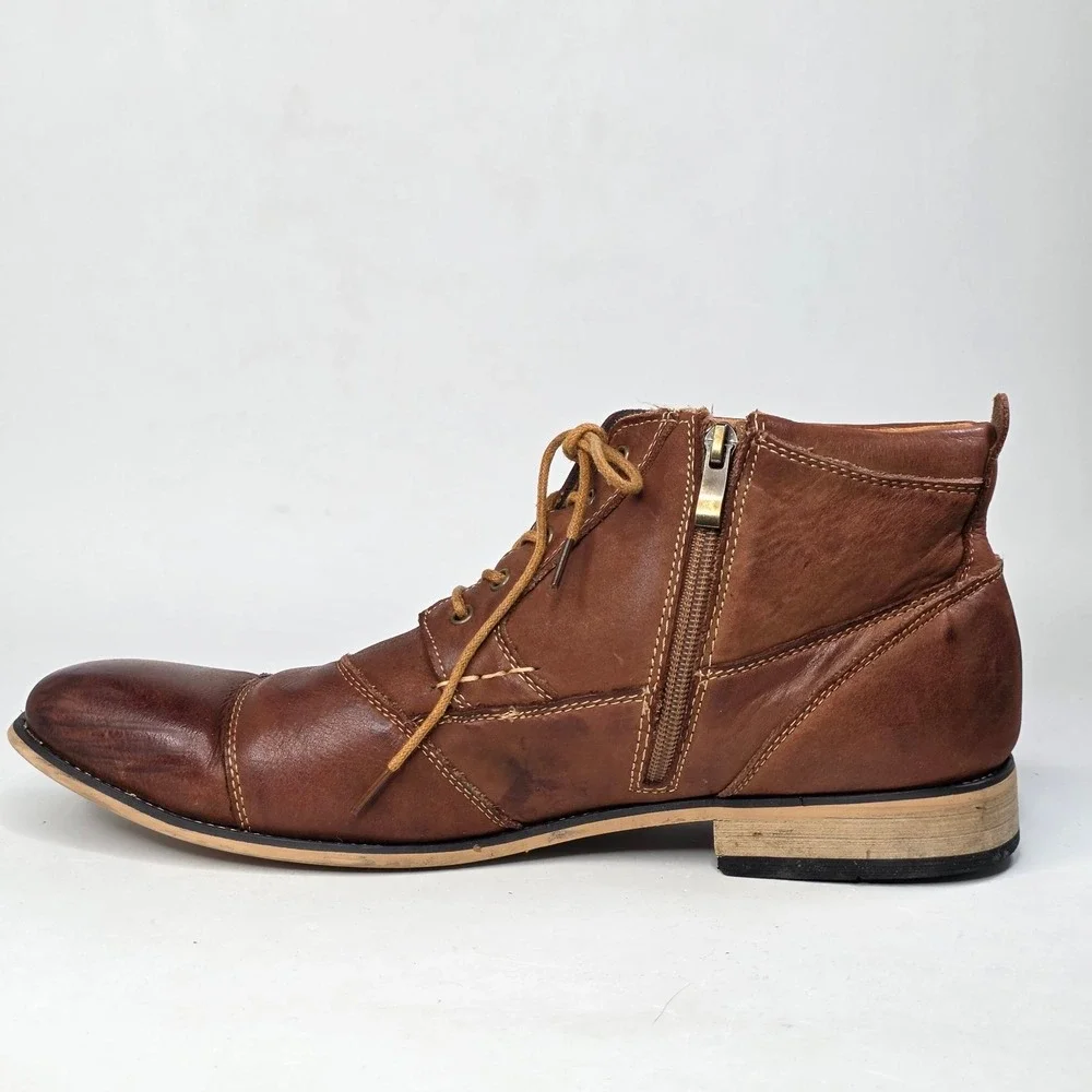 Kunsto Boots Men's Size 12 Tan Leather Cap Toe Side Zip Arch Support Shoes